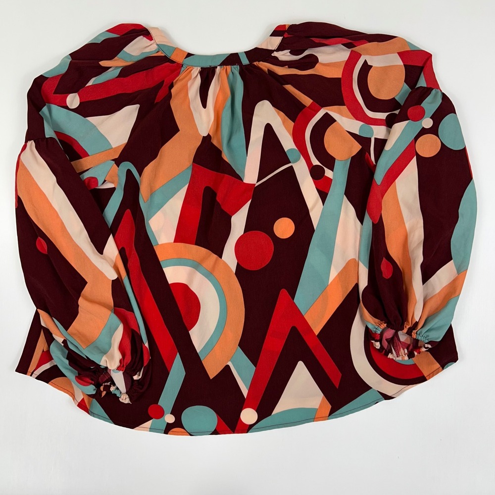 August Sky Womens Geometric Abstract Print Blouse Burgundy Teal RTH2011 Size L - Picture 6 of 8